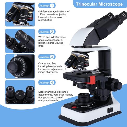 Herwicm 40X-2500X Microscope Laboratory Microscope for Adults with LED, Double 3D Mechanical Stage, Abbe Spotting Scope for Students Children Adults Laboratory Education Science Doppelt Tisch in Kuwait