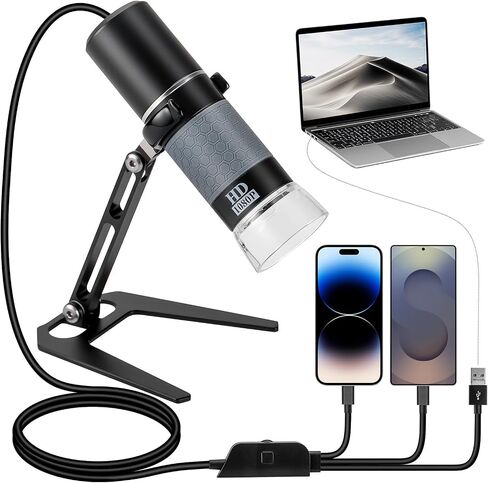 1080P USB Digital Microscope with Metal Stand, 50X-1000X Handheld Microscope Camera with 8 LED Lights Compatible with iPhone/Android/Windows/Mac (Silver) in Kuwait
