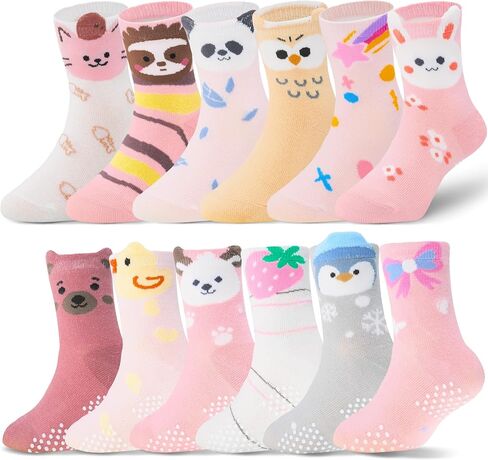 ANTSANG Baby Girls Toddlers Grips Socks, Kids Unicorn Crew Cotton Socks | 12 Pairs, Smooth Toe, High Elasticity, Soft Touching, Breathable, Moisture-Wicking, Striped Non Slip/Anti Skid Gift Socks in Kuwait