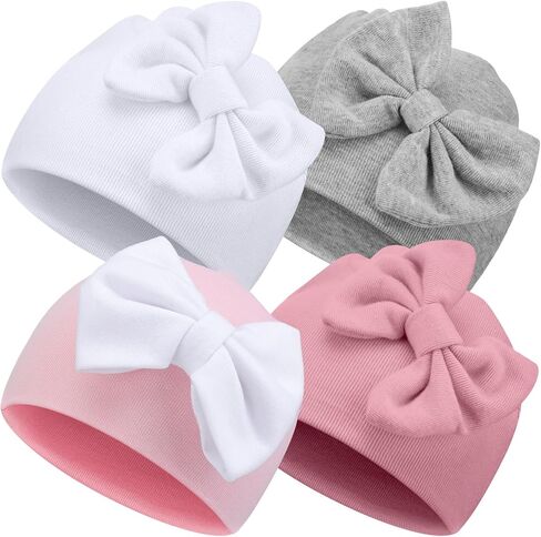 Cuffbow 4 Pcs Preemie Hats Newborn Infant Baby Bow Cap Warm Cotton Hospital Premature Baby Beanie for Baby Boy Girl in Kuwait