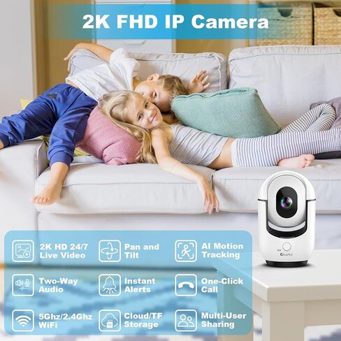 Cloarks 2K Indoor Camera, 5/2.4 GHz WiFi Pan/Tilt Security Camera with AI Motion Detection, One-Click Call for Baby Monitor, Wired Pet Camera with 2-Way Audio, 24/7, Siren Alarm, TF/Cloud Storage in Kuwait