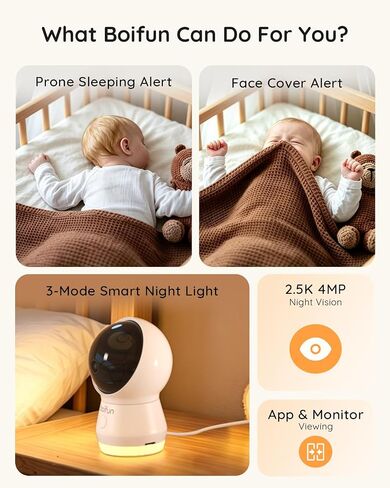 BOIFUN AI Baby Monitor with Camera and Audio, Safety Alerts (Tummy Sleeping & Face Area), WiFi Smartphone APP Control, Colorful Night Light, 2K HD Night Vision, Motion & Cry Detection, Two-Way Talk in Saudi Arabia
