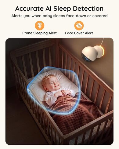 BOIFUN AI Baby Monitor with Camera and Audio, Safety Alerts (Tummy Sleeping & Face Area), WiFi Smartphone APP Control, Colorful Night Light, 2K HD Night Vision, Motion & Cry Detection, Two-Way Talk in Saudi Arabia