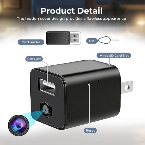 PATTERSON 1080P Camera USB Charger - Mini WiFi Camera with Motion Detection, Night Vision, App Connectivity for Home Monitoring in Kuwait