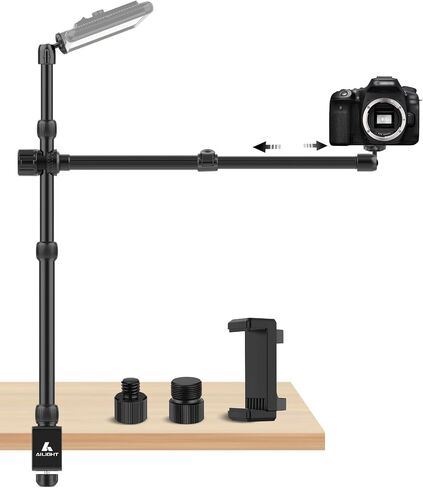 Ailight Overhead Camera Mount Desk Stand, 15.75"-33.45" Webcam Mount with 2-Section Adjustable Telescopic Boom Arm, C Clamp/Swiveling Ball Head for DSLR Camera, Ring Light, Webcam in Kuwait