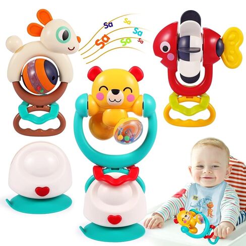 Baby Toys 6-12 Months, Removable Baby Rattle, 6 Month Old High Chair Toys | Baby Bath Sensory Toys with Suction Cup, 3PCS Infant Teething Toys, Christmas & Birthday Baby Gift for 6 7 9 12-18 Months in Kuwait