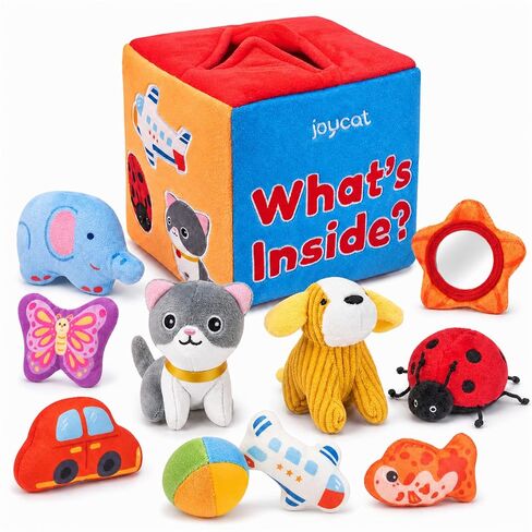 JoyCat Baby Toys 6-12 Months, Mystery Soft Box 10 Sensory Objects, Rattle | 10 sensory objects in a mystery box encourage baby exploration with rattles, crinkles and mirror play for early learning. in Kuwait
