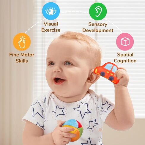 JoyCat Baby Toys 6-12 Months, Mystery Soft Box 10 Sensory Objects, Rattle | 10 sensory objects in a mystery box encourage baby exploration with rattles, crinkles and mirror play for early learning. in Kuwait