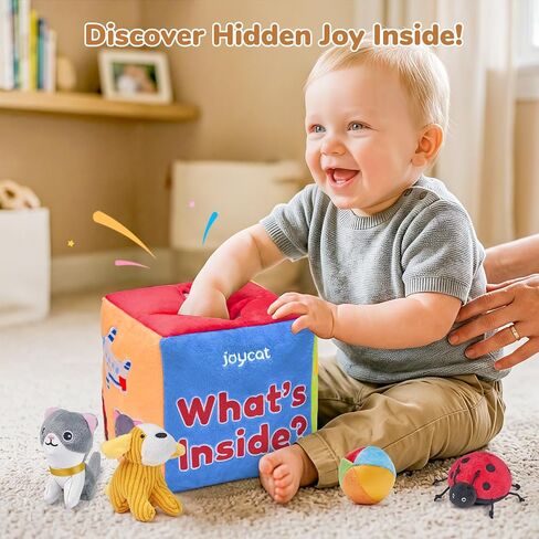 JoyCat Baby Toys 6-12 Months, Mystery Soft Box 10 Sensory Objects, Rattle | 10 sensory objects in a mystery box encourage baby exploration with rattles, crinkles and mirror play for early learning. in Kuwait