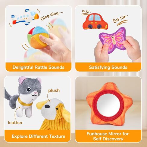 JoyCat Baby Toys 6-12 Months, Mystery Soft Box 10 Sensory Objects, Rattle | 10 sensory objects in a mystery box encourage baby exploration with rattles, crinkles and mirror play for early learning. in Kuwait