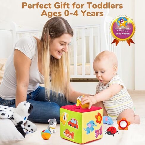 JoyCat Baby Toys 6-12 Months, Mystery Soft Box 10 Sensory Objects, Rattle | 10 sensory objects in a mystery box encourage baby exploration with rattles, crinkles and mirror play for early learning. in Kuwait