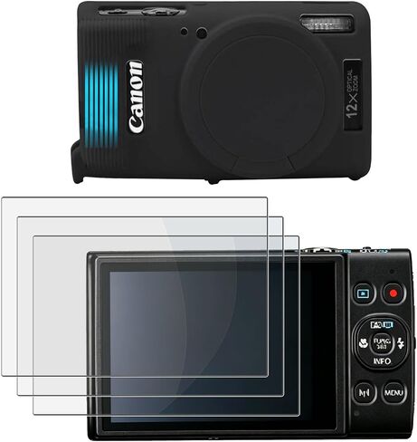 Screen Protector Compatible for Canon PowerShot IXY 650/ELPH 360 Cameras,Tempered Glass Film Anti-Scratch High Definition and Soft Silicone Case (Black) in Kuwait