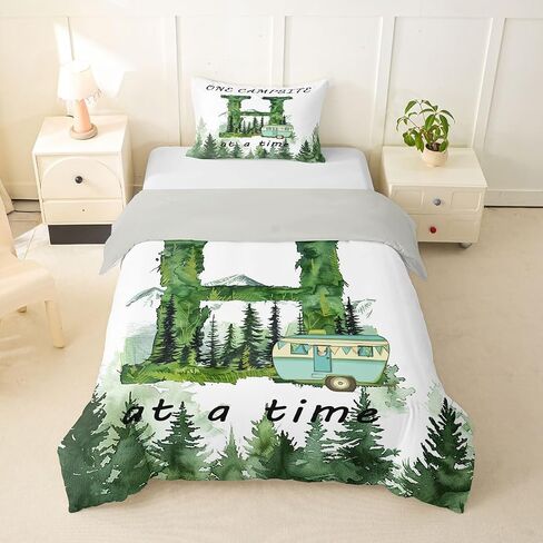 Erosebridal Camping Initial H Toddler Comforter Cover Forest Camper Bedding Set for Kids Teens Woodland Adventure Microfiber Duvet Cover Camp Car Green Trees Bedroom Decor, Zipper in Kuwait