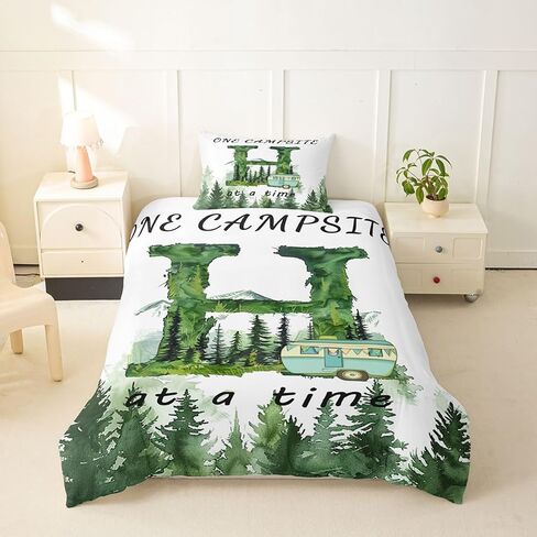 Erosebridal Camping Initial H Toddler Comforter Cover Forest Camper Bedding Set for Kids Teens Woodland Adventure Microfiber Duvet Cover Camp Car Green Trees Bedroom Decor, Zipper in Kuwait
