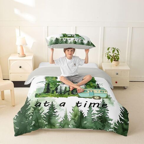 Erosebridal Camping Initial H Toddler Comforter Cover Forest Camper Bedding Set for Kids Teens Woodland Adventure Microfiber Duvet Cover Camp Car Green Trees Bedroom Decor, Zipper in Kuwait