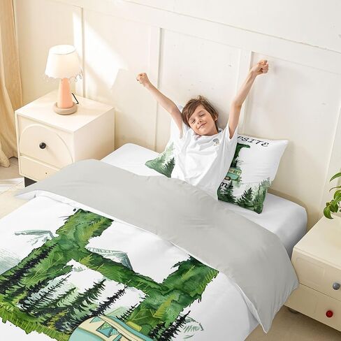 Erosebridal Camping Initial H Toddler Comforter Cover Forest Camper Bedding Set for Kids Teens Woodland Adventure Microfiber Duvet Cover Camp Car Green Trees Bedroom Decor, Zipper in Kuwait