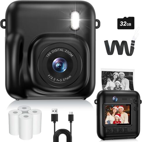 Kids Camera Instant Print, 1080P Dual-Lens Digital Camera for Kids, Black | Selfie Video, Girls Boys Christmas Birthday Gifts, Portable Toddler for 4-12 Years Old, with 32GB Card in Kuwait