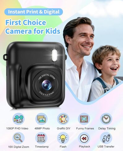 Kids Camera Instant Print, 1080P Dual-Lens Digital Camera for Kids, Black | Selfie Video, Girls Boys Christmas Birthday Gifts, Portable Toddler for 4-12 Years Old, with 32GB Card in Kuwait