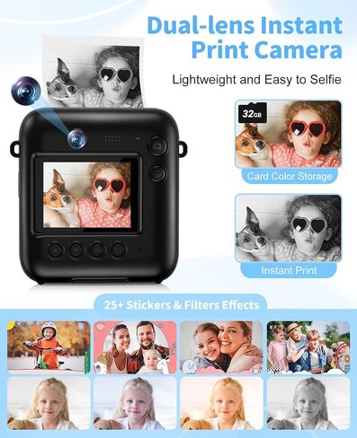 Kids Camera Instant Print, 1080P Dual-Lens Digital Camera for Kids, Black | Selfie Video, Girls Boys Christmas Birthday Gifts, Portable Toddler for 4-12 Years Old, with 32GB Card in Kuwait