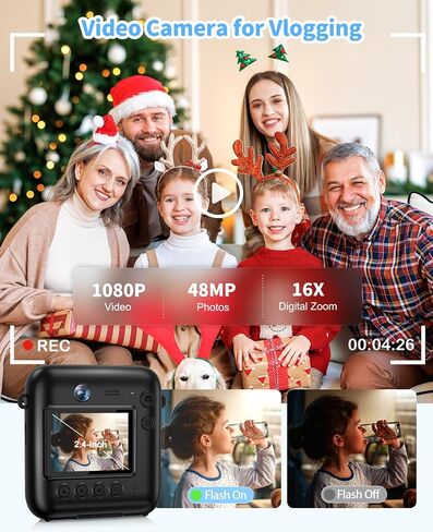 Kids Camera Instant Print, 1080P Dual-Lens Digital Camera for Kids, Black | Selfie Video, Girls Boys Christmas Birthday Gifts, Portable Toddler for 4-12 Years Old, with 32GB Card in Kuwait