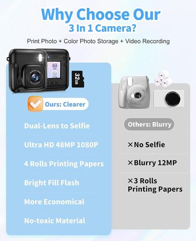 Kids Camera Instant Print, 1080P Dual-Lens Digital Camera for Kids, Black | Selfie Video, Girls Boys Christmas Birthday Gifts, Portable Toddler for 4-12 Years Old, with 32GB Card in Kuwait