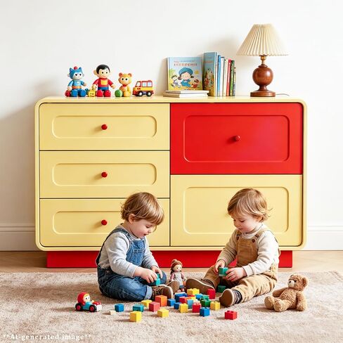 Yellow and Red 5 Drawer Dresser with Large Drawers Curved Edges for Bedroom | ANBUY Modern Wooden 43.3" Wide Dressers, Storage Organizer for Toddler Room, Playroom, Living Room, Nursery in Kuwait