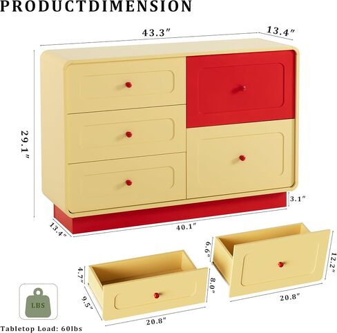 Yellow and Red 5 Drawer Dresser with Large Drawers Curved Edges for Bedroom | ANBUY Modern Wooden 43.3" Wide Dressers, Storage Organizer for Toddler Room, Playroom, Living Room, Nursery in Kuwait