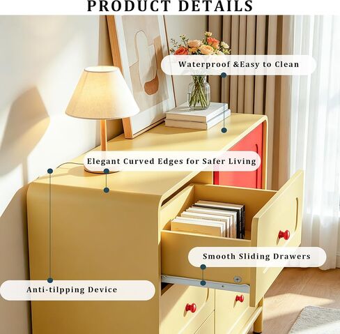 Yellow and Red 5 Drawer Dresser with Large Drawers Curved Edges for Bedroom | ANBUY Modern Wooden 43.3" Wide Dressers, Storage Organizer for Toddler Room, Playroom, Living Room, Nursery in Kuwait