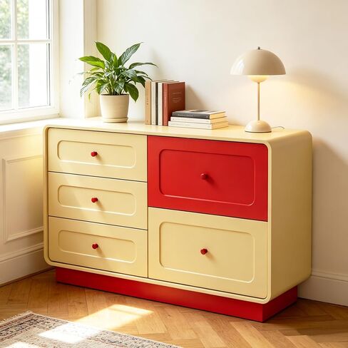 Yellow and Red 5 Drawer Dresser with Large Drawers Curved Edges for Bedroom | ANBUY Modern Wooden 43.3" Wide Dressers, Storage Organizer for Toddler Room, Playroom, Living Room, Nursery in Kuwait