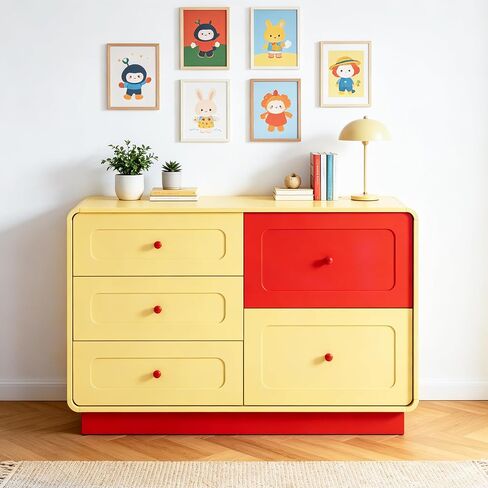 Yellow and Red 5 Drawer Dresser with Large Drawers Curved Edges for Bedroom | ANBUY Modern Wooden 43.3" Wide Dressers, Storage Organizer for Toddler Room, Playroom, Living Room, Nursery in Kuwait