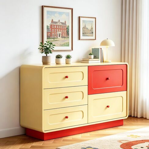 Yellow and Red 5 Drawer Dresser with Large Drawers Curved Edges for Bedroom | ANBUY Modern Wooden 43.3" Wide Dressers, Storage Organizer for Toddler Room, Playroom, Living Room, Nursery in Kuwait