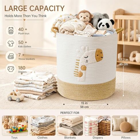 Baby Laundry Basket Large Baby Hamper, Cotton Rope Basket for Nursery Decor 51L Dirty Clothes Hampers for Kids, Woven Blanket Storage for Living Room, Stuffed Animal Storage Toy Box with Handles in Kuwait