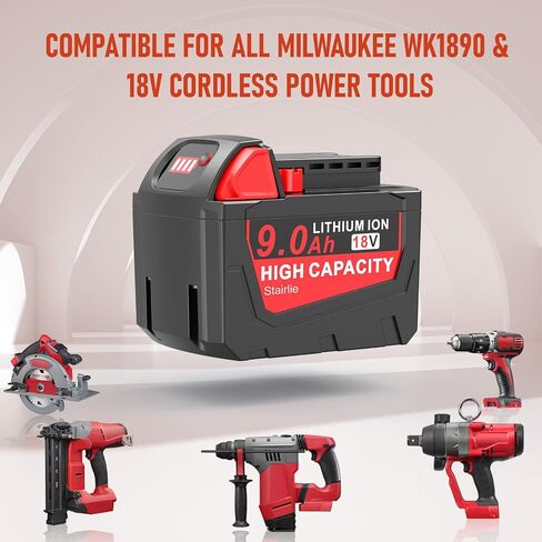 9.0Ah 18V Battery Compatible for Milwaukee WK1890 Mk-18 Tools, Compatible with 48-11-1840, 48-11-1828, 48-11-1820, 48-11-1815, 48-11-1850, 48-11-1890, 2646-22CT Cordless Power Tools in Kuwait