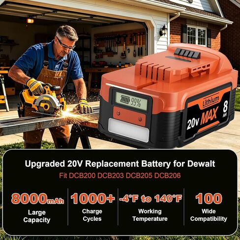 2 Packs 8.0Ah Replacement Lithium Battery for Dewalt 20V Battery with LCD Display,Support PD bidirectional OutPut 65W Compatible with Dewalt DCB200 DCB201 DCB203 DCB204 DCB205 Cordless Power Tools | 65W PD Type-C Bidirectional Charging USB Port,Compatible in Saudi Arabia