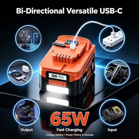 2 Packs 8.0Ah Replacement Lithium Battery for Dewalt 20V Battery with LCD Display,Support PD bidirectional OutPut 65W Compatible with Dewalt DCB200 DCB201 DCB203 DCB204 DCB205 Cordless Power Tools | 65W PD Type-C Bidirectional Charging USB Port,Compatible in Saudi Arabia