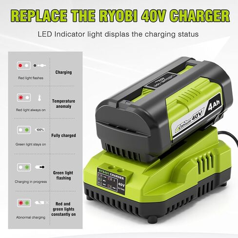 4.0Ah Battery and Charger,Replacement for Ryobi 40V Battery and Charger | Fast Charging 40V 4.0Ah Battery and Charger Kit,Replacement for Ryobi 40V Batteries Compatible with Ryobi 40Volt Power Tools in Kuwait