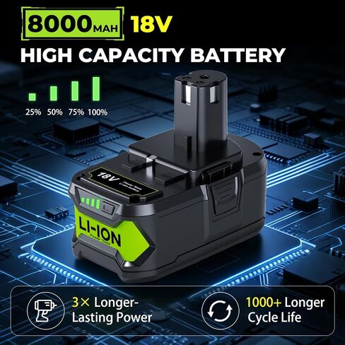 2 Pack 8.0Ah Replacement for Ryobi 18v Battery and Charger Compatible with | Ryobi 18 Volt Battery ONE+ Plus P102 P103 P104 P105 P107 P108 P109 P122 P190 Cordless Power Tools in Kuwait