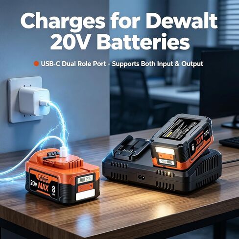 2 Packs 8.0Ah Replacement Lithium Battery for Dewalt 20V Battery with LCD Display,Support PD bidirectional OutPut 65W Compatible with Dewalt DCB200 DCB201 DCB203 DCB204 DCB205 Cordless Power Tools | 65W PD Type-C Bidirectional Charging USB Port,Compatible in Saudi Arabia