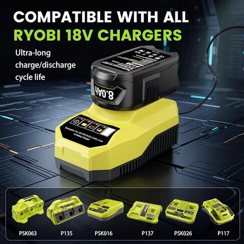 2 Pack 8.0Ah Replacement for Ryobi 18v Battery and Charger Compatible with | Ryobi 18 Volt Battery ONE+ Plus P102 P103 P104 P105 P107 P108 P109 P122 P190 Cordless Power Tools in Kuwait