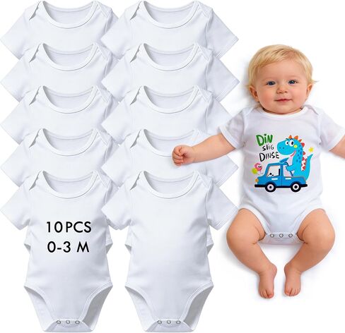 Joyclub 10 PCS Sublimation Baby Bodysuits Bulk White Polyester | Short sleeve infant romper blanks for heat transfer; bulk quantity supports keepsakes, family events and small-batch crafting in Kuwait