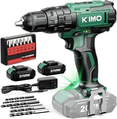 KIMO Cordless Hammer Drill Set with 20V 2.0Ah Battery 2 Packs, 21+3 Position, 0-1350 RPM, Max 350 In-lb Torque, 3/8" Keyless Chuck, 14pcs Accessories, Power Drill for Drilling Wood Bricks Walls Metal in Kuwait