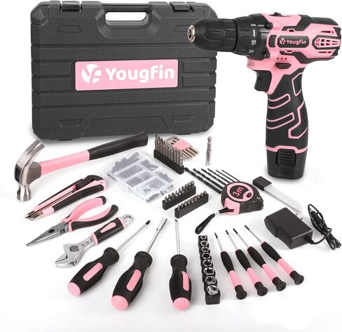 Pink Cordless Drill Driver Set 12V with Charger and 195PCS Tool Kit | 195-piece tool kit with 12V cordless drill, battery, charger, and essential tools for DIY, repairs, and home projects. in Kuwait