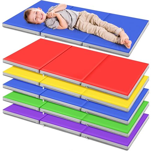 Wesiti 5 Pcs Kids Nap Mats for Preschool Daycare, Foldable,Blue, Gray | 3 Section Sleeping Mats for Toddler Napping Rest, 1" Thick Soft, Kindergarten Classroom Back to School Supplies, 47"L x 24" W in Saudi Arabia