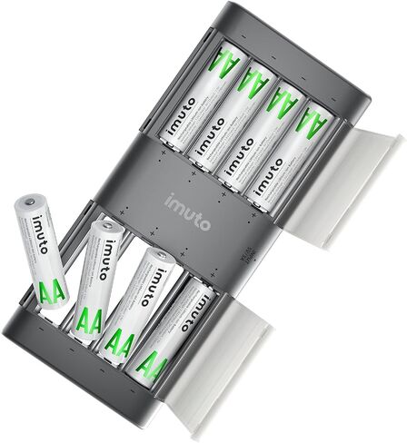 imuto Rechargeable AA Lithium Batteries with 8-Slot Charger, 8 Pack 2000mWh | Slim travel charger, LiFePO4 batteries, 2500+ cycles, stable 1.5V output, 1.8H Fast Charging, home and office devices in Kuwait