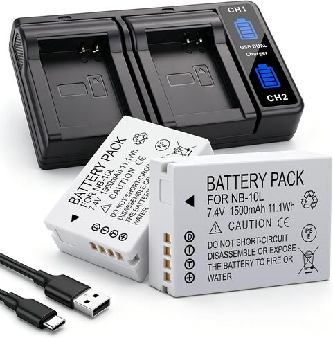 2-Pack NB-10L NB10L Battery with Dual Fast Charger for Canon PowerShot G1 X | G3-X, G15, G16, SX40 HS, SX50 HS, SX60 HS Digital Cameras Batteries Upgrade Enduro Capacity 7.4V 1500mah in Kuwait