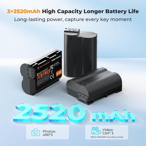 K&F CONCEPT 3-Pack EN-EL15 Batteries and 20W Fast Charger Compatible with D7500, D7200, D7100, D7000, Z8, Z7, Z7II, Z6, Z6II, Z6III, Z5, ZF, D850, D800, D800E, D810, D810A, D780, D750 etc. in Kuwait