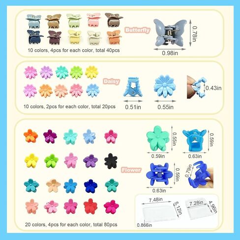 140 Pcs Combination Color Mini Gripper Clip, For Women Birthday Gift | Mini flower butterfly design, girls kids teens, with organizer box, holiday birthday gifts, made of plastic, small size in Kuwait