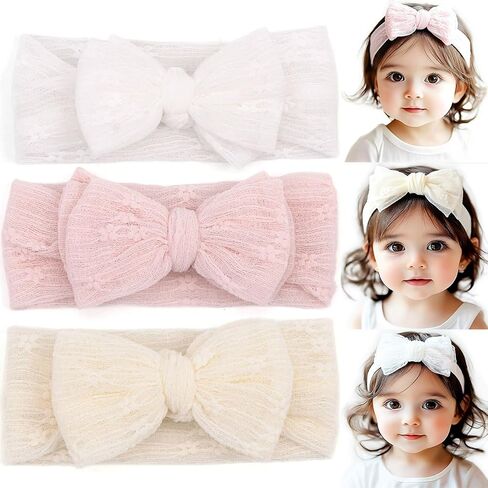 Handmade Baby Headbands Soft Stretchy Nylon Hair Bands with Bows for Toddler Child Girls- Pack of 3 (Set-A, 3 Count (Pack of 1)) in Kuwait