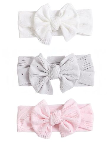 Baby Girls Bow Headband, Nylon Lace Turban Style Hair Accessory-Ideal for Cradle Cap-Perfect Baby Registry Gift（White+Gray+Pink in Kuwait