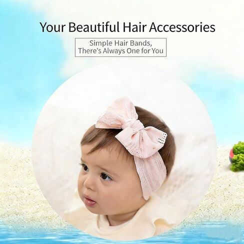 Baby Girls Bow Headband, Nylon Lace Turban Style Hair Accessory-Ideal for Cradle Cap-Perfect Baby Registry Gift（White+Gray+Pink in Kuwait